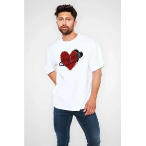 Unisex Bisiklet Yaka Baskılı Oversize T-shirt - Beyaz