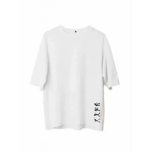 Unisex Bisiklet Yaka Baskılı Oversize T-shirt - Beyaz