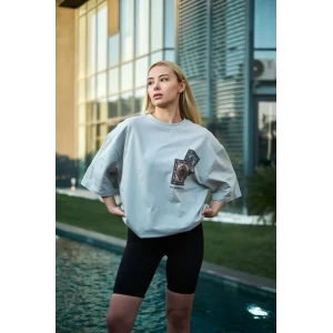 Unisex Bisiklet Yaka Baskılı Oversize T-shirt - Boyalı Gri