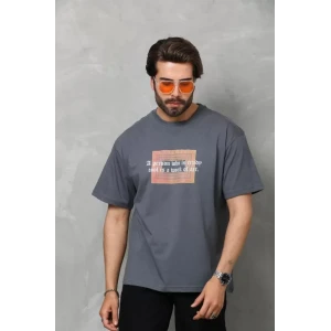 Unisex Bisiklet Yaka Baskılı Oversize T-shirt - Füme
