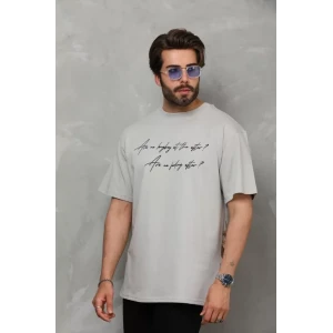 Unisex Bisiklet Yaka Baskılı Oversize T-shirt - Gri