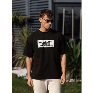 Unisex Bisiklet Yaka Baskılı Oversize T-shirt - Siyah