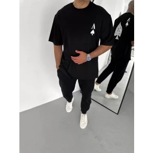 Unisex Bisiklet Yaka Baskılı Oversize T-shirt - Siyah