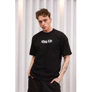 Unisex Bisiklet Yaka Baskılı Oversize T-shirt - Siyah