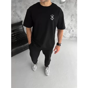 Unisex Bisiklet Yaka Baskılı Oversize T-Shirt - Siyah