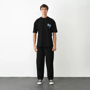 Unisex Bisiklet Yaka Baskılı Oversize T-shirt - Siyah