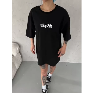Unisex Bisiklet Yaka Baskılı Oversize T-shirt - Siyah