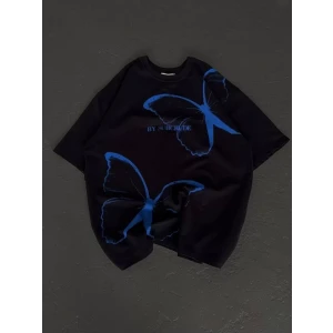 Unisex Bisiklet Yaka Baskılı Oversize T-shirt - Siyah