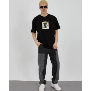 Unisex Bisiklet Yaka Baskılı Oversize T-shirt - Siyah