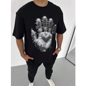 Unisex Bisiklet Yaka Baskılı Oversize T-shirt - Siyah