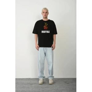 Unisex Bisiklet Yaka Baskılı Oversize T-shirt - Siyah