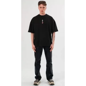 Unisex Bisiklet Yaka Baskılı Oversize T-shirt - Siyah