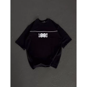 Unisex Bisiklet Yaka Baskılı Oversize T-shirt - Siyah