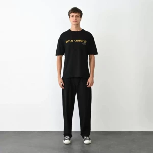Unisex Bisiklet Yaka Baskılı Oversize T-shirt - Siyah