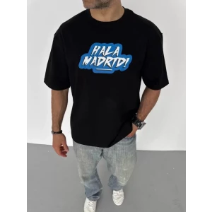 Unisex Bisiklet Yaka Baskılı Oversize T-Shirt - Siyah