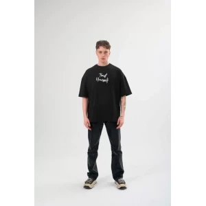 Unisex Bisiklet Yaka Baskılı Oversize T-shirt - Siyah