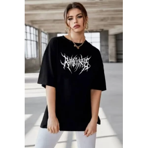 Unisex Bisiklet Yaka Baskılı Oversize T-shirt - Siyah