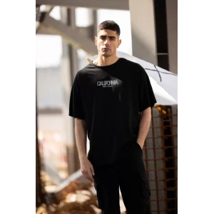 Unisex Bisiklet Yaka Baskılı Oversize T-shirt - Siyah