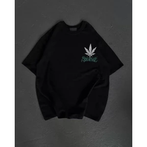 Unisex Bisiklet Yaka Baskılı Oversize T-shirt - Siyah