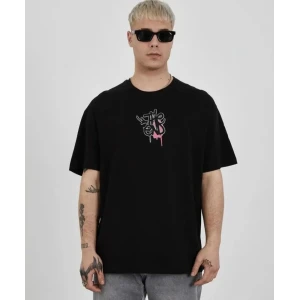 Unisex Bisiklet Yaka Baskılı Oversize T-shirt - Siyah