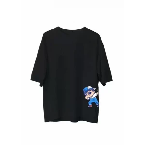 Unisex Bisiklet Yaka Baskılı Oversize T-shirt - Siyah