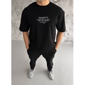 Unisex Bisiklet Yaka Baskılı Oversize T-shirt - Siyah