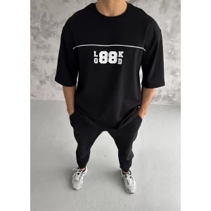 Unisex Bisiklet Yaka Baskılı Oversize T-shirt - Siyah