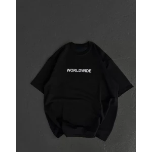 Unisex Bisiklet Yaka Baskılı Oversize T-shirt - Siyah