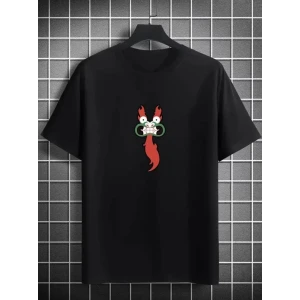Unisex Bisiklet Yaka Baskılı Oversize T-Shirt - Siyah