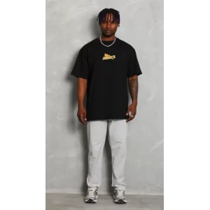 Unisex Bisiklet Yaka Baskılı Oversize T-shirt - Siyah