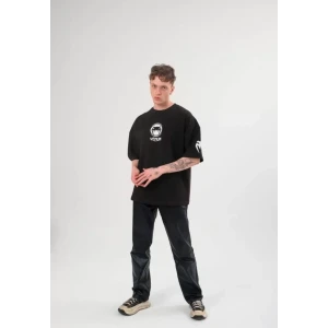 Unisex Bisiklet Yaka Baskılı Oversize T-shirt - Siyah