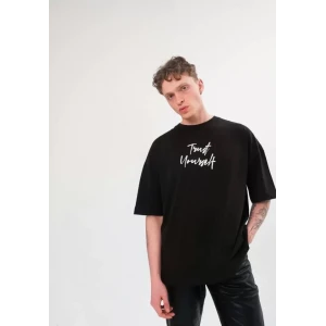 Unisex Bisiklet Yaka Baskılı Oversize T-shirt - Siyah