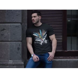 Unisex Bisiklet Yaka Baskılı Oversize T-shirt - Siyah