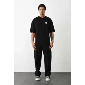 Unisex Bisiklet Yaka Baskılı Oversize T-shirt - Siyah