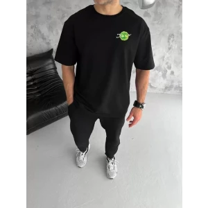 Unisex Bisiklet Yaka Baskılı Oversize T-shirt - Siyah
