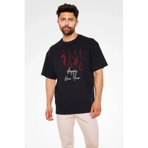 Unisex Bisiklet Yaka Baskılı Oversize T-shirt - Siyah