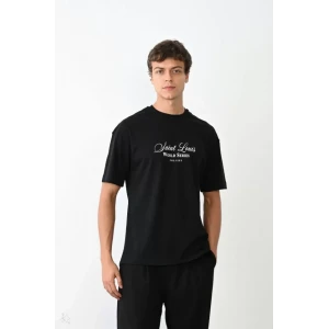 Unisex Bisiklet Yaka Baskılı Oversize T-shirt - Siyah
