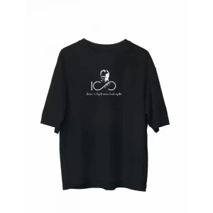 Unisex Bisiklet Yaka Baskılı Oversize T-shirt - Siyah