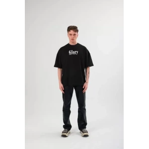 Unisex Bisiklet Yaka Baskılı Oversize T-shirt - Siyah