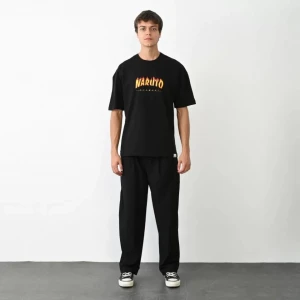 Unisex Bisiklet Yaka Baskılı Oversize T-shirt - Siyah