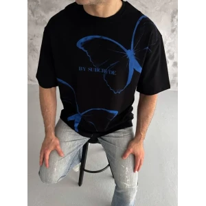 Unisex Bisiklet Yaka Baskılı Oversize T-shirt - Siyah
