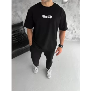 Unisex Bisiklet Yaka Baskılı Oversize T-shirt - Siyah