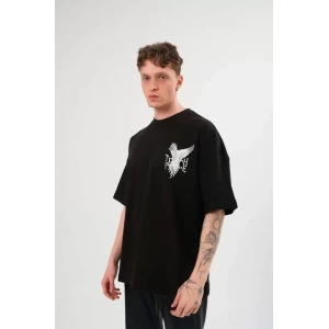 Unisex Bisiklet Yaka Baskılı Oversize T-shirt - Siyah