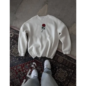 Unisex Bisiklet Yaka Ön Ve Arka Baskılı Sweatshirt - Beyaz