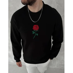 Unisex Bisiklet Yaka Ön Ve Arka Baskılı Sweatshirt - Siyah