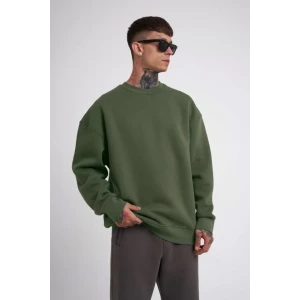Unisex Biskilet Yaka Üç İplik Sweatshirt - Haki