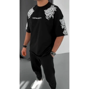 Unisex Flok Kabartma Baskılı T-shirt - Siyah