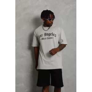 Unisex Oversize Baskılı Bisiklet Yaka T-shirt - Gri