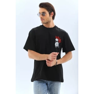 Unisex Oversize Baskılı Bisiklet Yaka T-shirt - Siyah