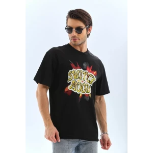 Unisex Oversize Baskılı Bisiklet Yaka T-shirt - Siyah
